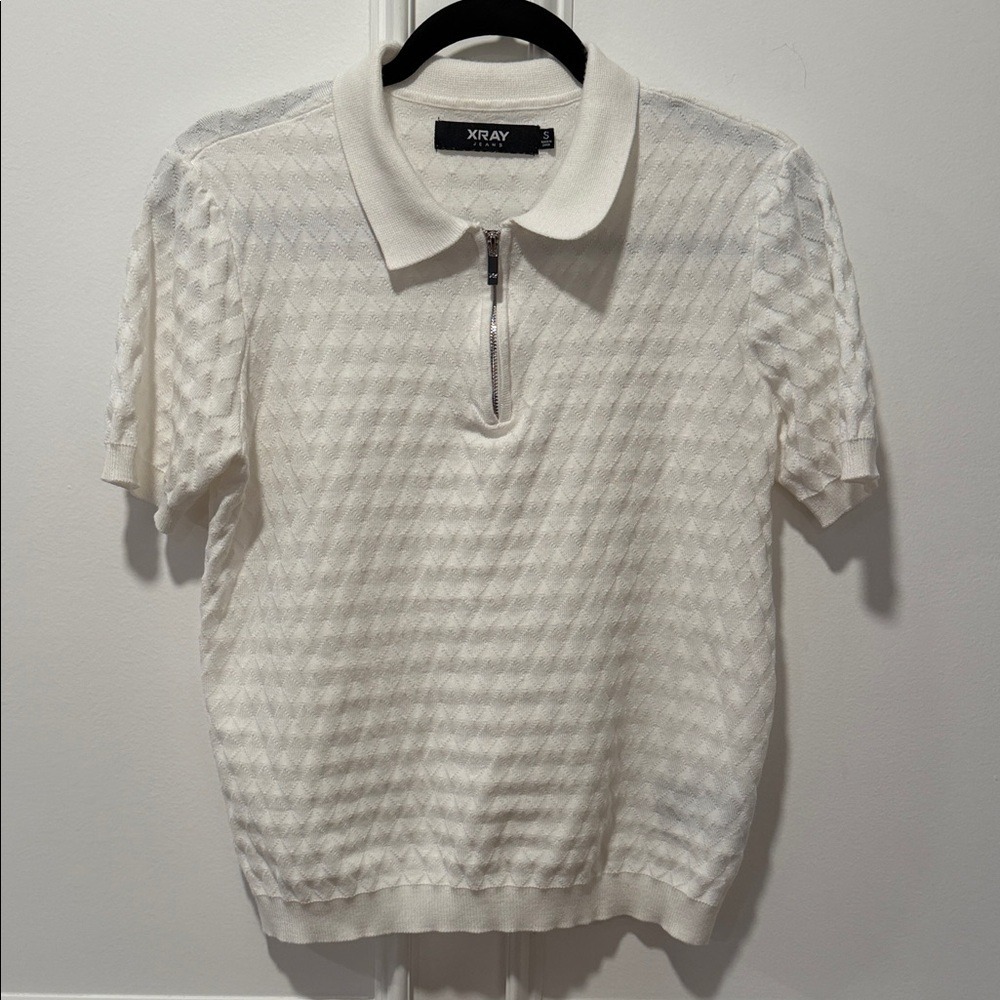 XRAY Jeans Textured Polo Sweater S‎ White Half-Zip Collar Short Sleeve Knit Top